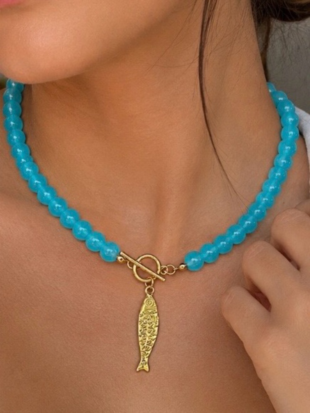 NEW! Turquoise Beaded Necklace with Gold Fish Pendant. Boho Blue Necklace A1-42